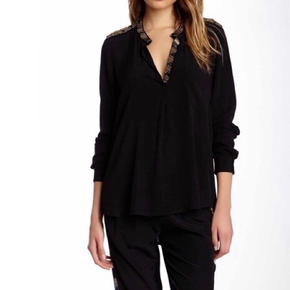 Twelfth Street Cynthia Vincent Black Beaded Embellished Henley Blouse P XS - Picture 1 of 16